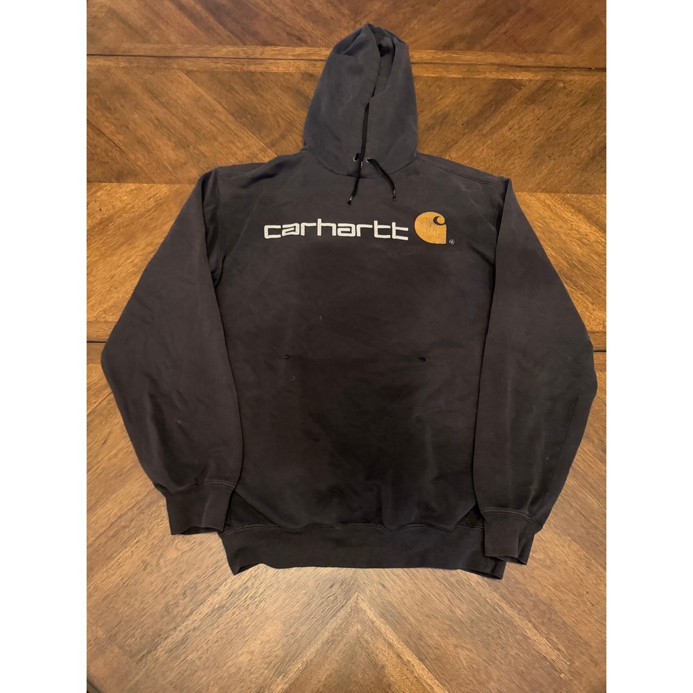 Carhartt Mens Graphic Logo Hoodie Sweatshirt Faded Black Distressed Medium